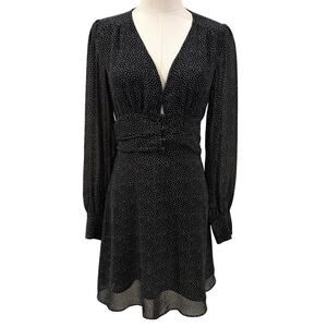 Reset by Jane Black Polka Dot Long Sleeve Mini Dress V Neck Fit  Flare Boho Fall